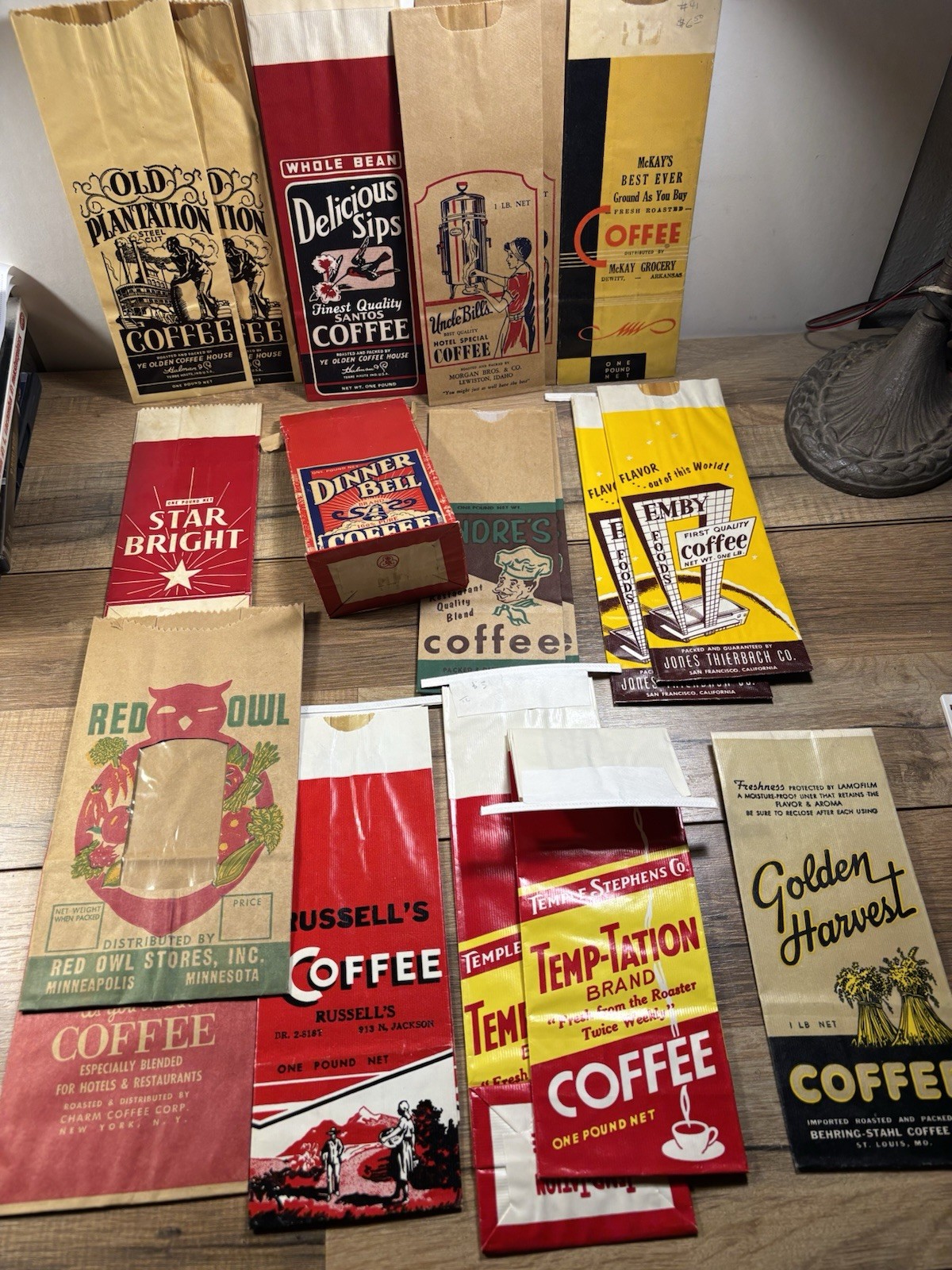 Collection of 18 Vintage Early Country Store Coffee Bags Advertising Collection of 18 Vintage Early Country Store Coffee Bags Advertising