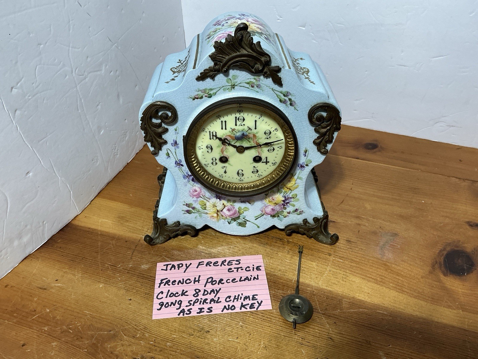 Antique French Japy Ferres Porcelain Mantle Clock 8-day Bronze Ormolu No Key VTG Antique French Japy Ferres Porcelain Mantle Clock 8-day Bronze Ormolu No Key VTG