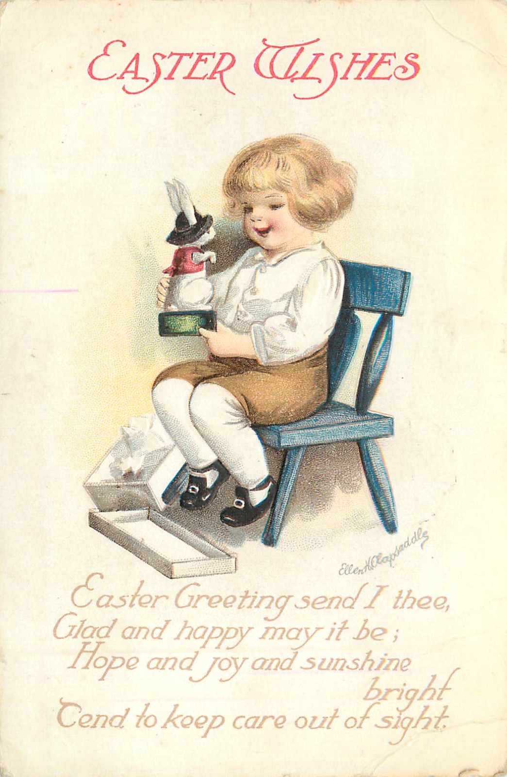 Embossed Easter Postcard Clapsaddle A/S Child Opens Dressed Rabbit Present 132