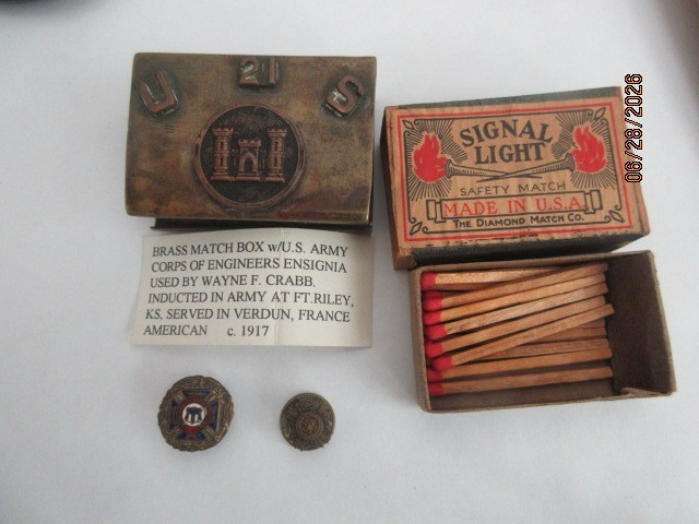 WWI Brass Match Safe 21ST ENGINEERING WITH MATCHES AND VETERAN PINS - ESTATE WWI Brass Match Safe 21ST ENGINEERING WITH MATCHES AND VETERAN PINS - ESTATE