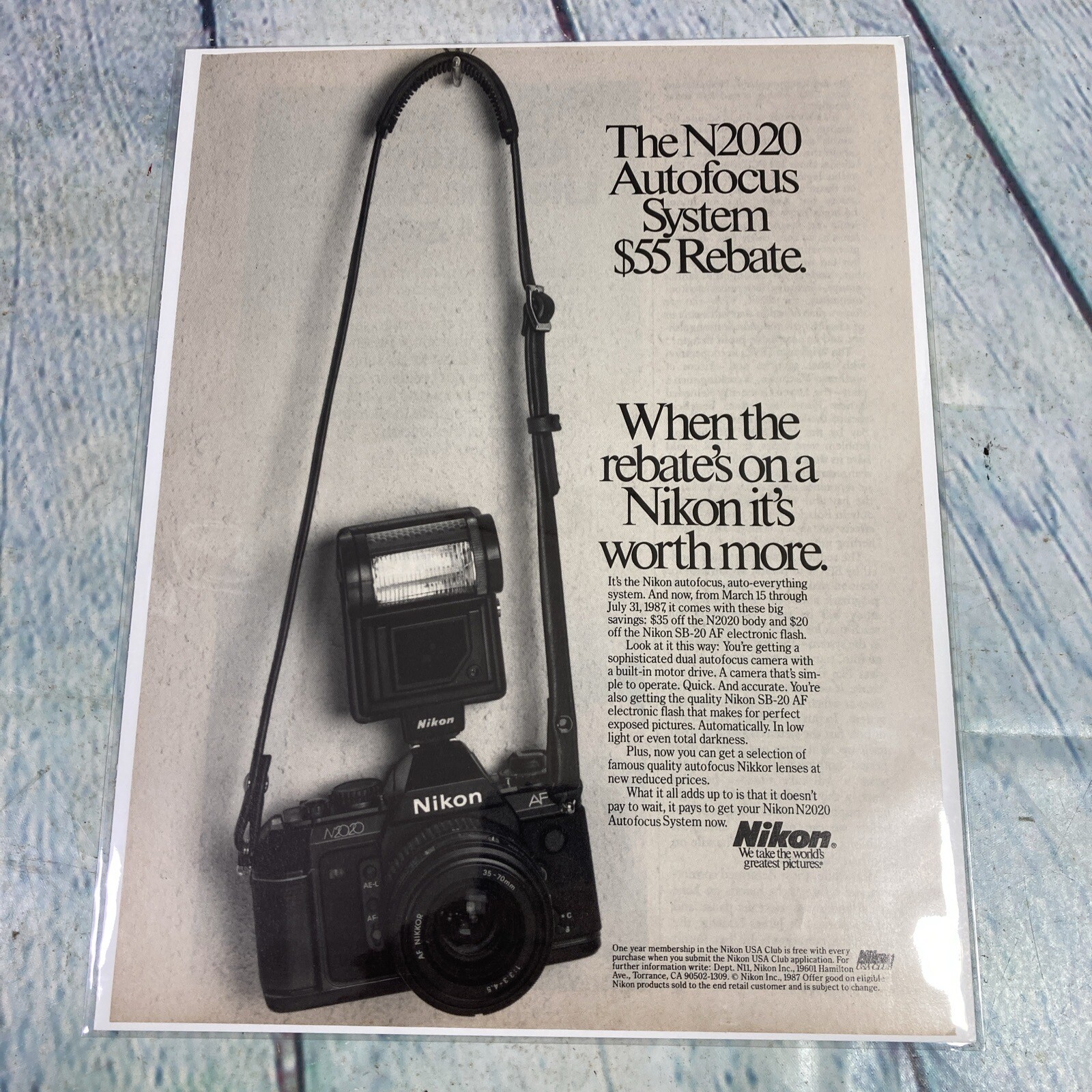 1987 Nikon N2020 Camera Vintage Print Ad/Poster Promo Art Magazine Page