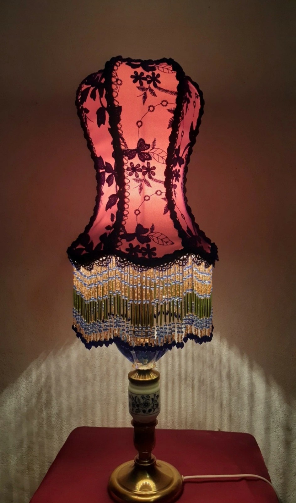 Victorian blue lampshade with beaded rings for table lamps Victorian blue lampshade with beaded rings for table lamps