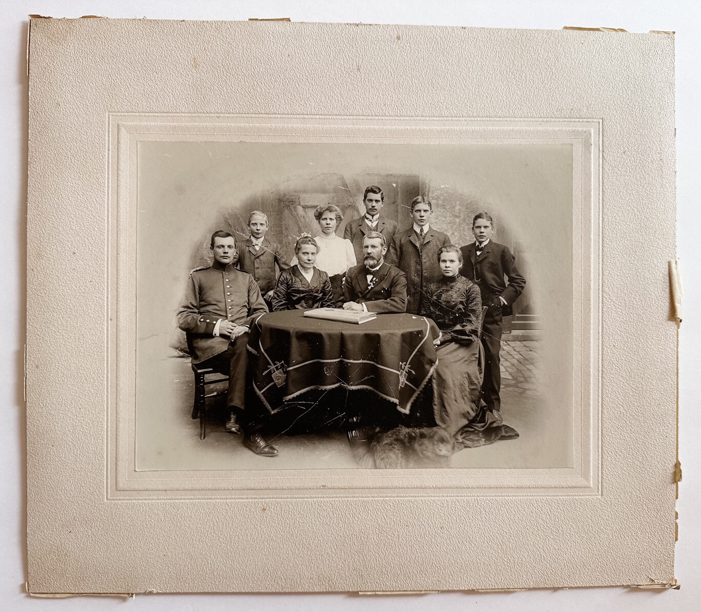 Antique Family Photo 9 People + Dog Around Table 13x12" Antique Family Photo 9 People + Dog Around Table 13x12"