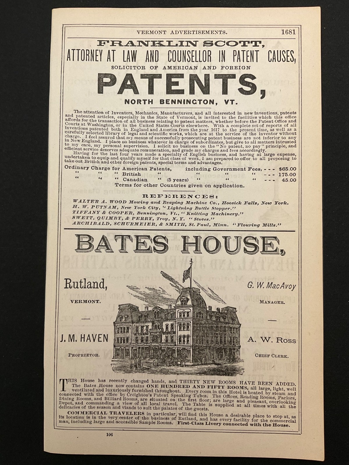 1883 Antique Ad Page Bates House Hotel Rutland, Walbridge Lenses Microscopes VT 1883 Antique Ad Page Bates House Hotel Rutland, Walbridge Lenses Microscopes VT
