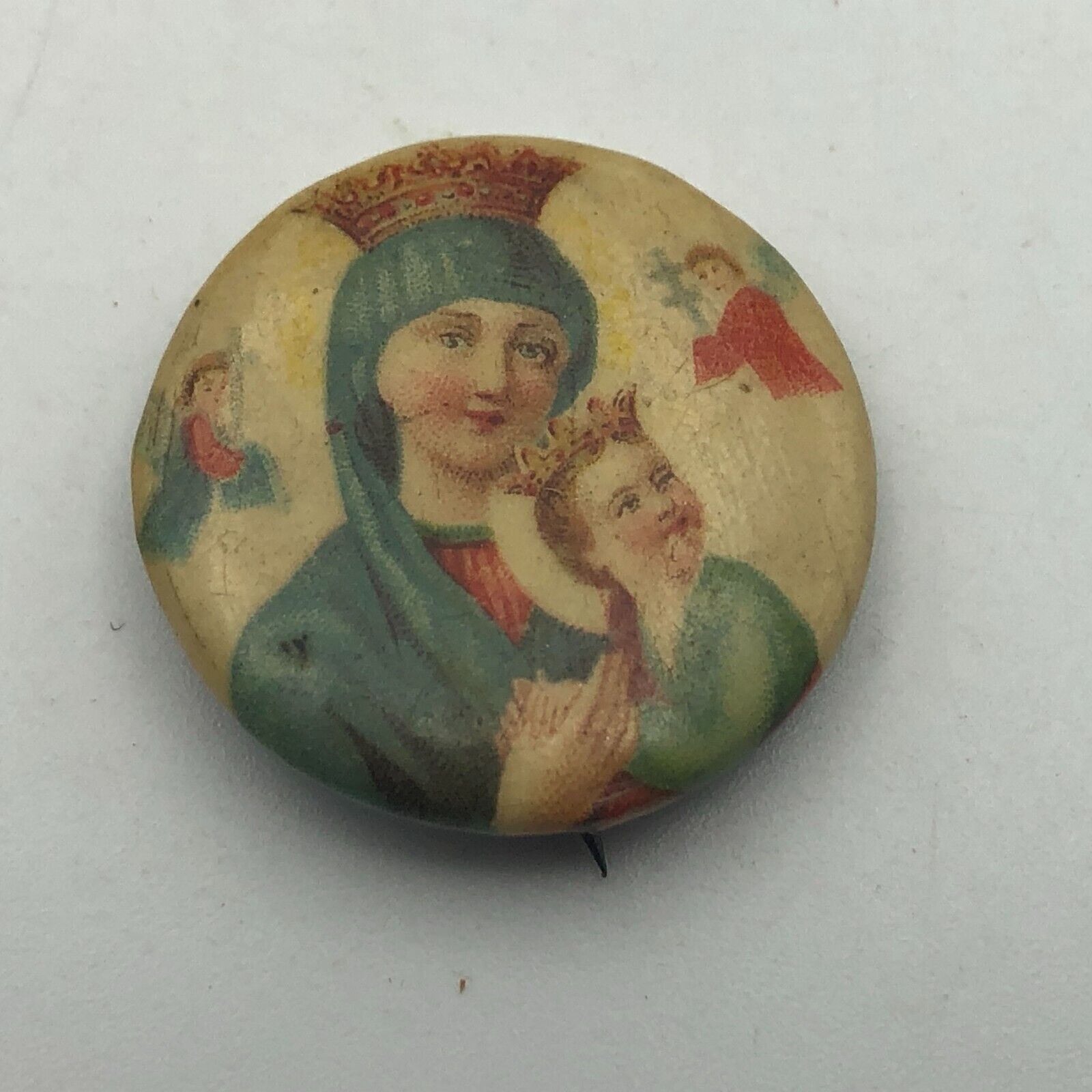 Madonna Mother Mary Child Jesus Pinback Button Pin Older Gorgeous Vtg Antique