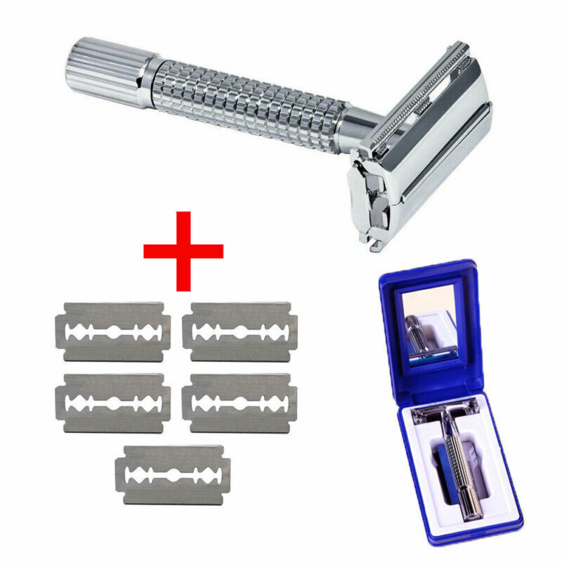 Safety Razor For Men Double Edge Stainless Steel With 5 Blade Mirror Travel Case