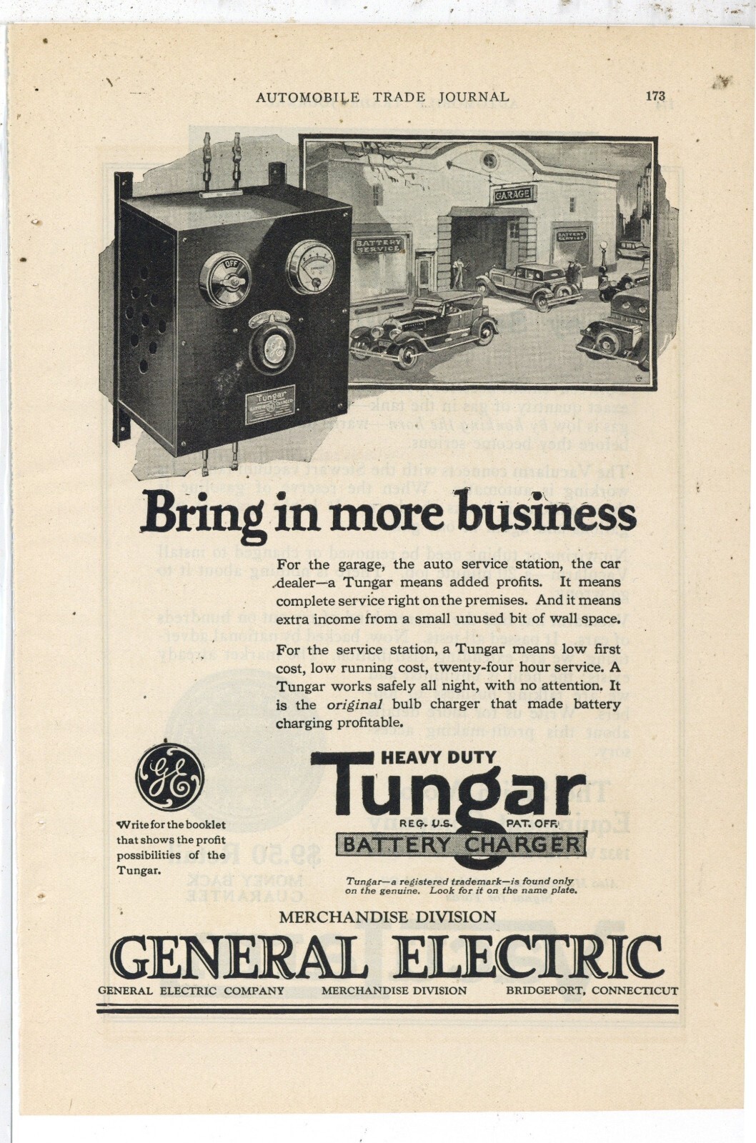 1925 GE General Electric Ad: Tungar Battery Chargers for Automobiles