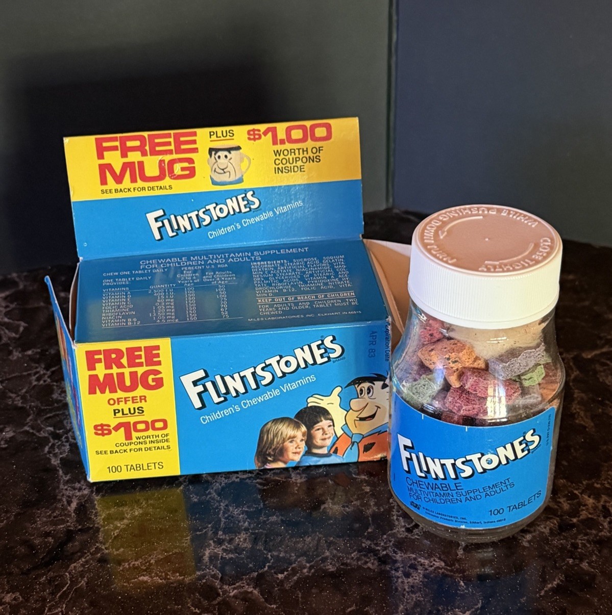Vintage 1980's FLINTSTONES CHILDREN'S VITAMINS Unopened Bottle w/ Box & Coupons