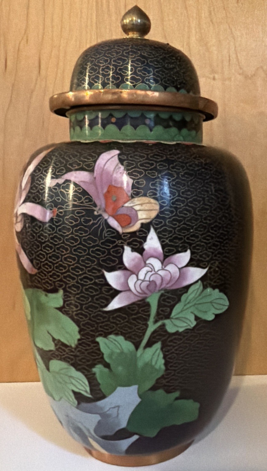 Vintage Chinese  Enamel with Brass floral Cloisonne lidded Ginger Jar or Urn 9”H