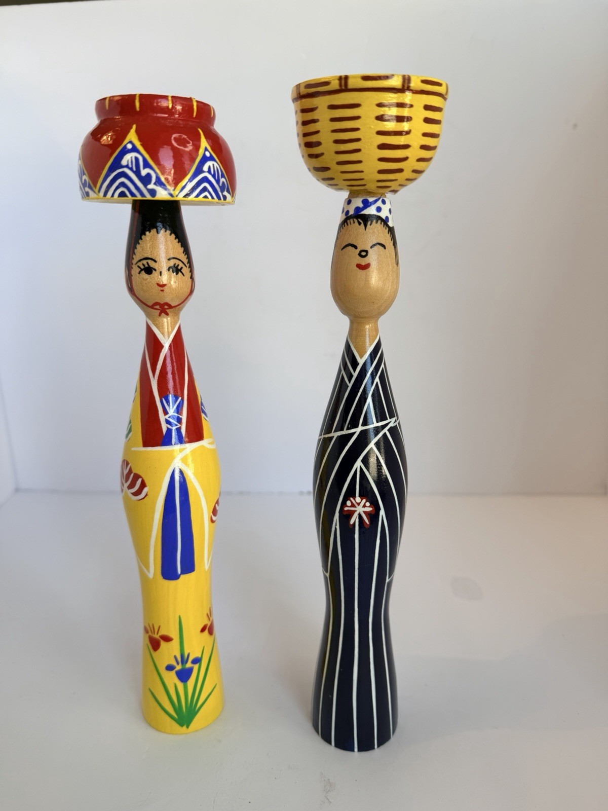 Vintage Ryukyu Miyarabi Kokeshi Dolls Okinawa Japan Set of 2 Hand Painted Wood Vintage Ryukyu Miyarabi Kokeshi Dolls Okinawa Japan Set of 2 Hand Painted Wood