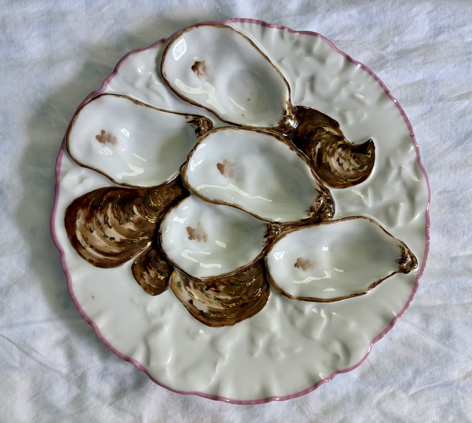 Antique Haviland Limoges Turkey Oyster Plate Pink Rim Both marks Circa 1876-1889 Antique Haviland Limoges Turkey Oyster Plate Pink Rim Both marks Circa 1876-1889