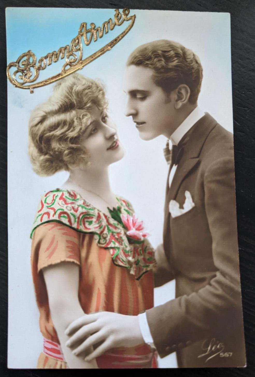 RPPC Love & Romance Man & Woman Orange Ruffled Dress Vintage French Postcard