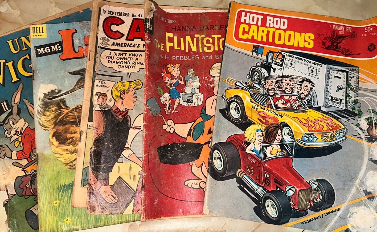 VINTAGE DELL 1950s-Hot Rod Cartoons + Flinstones + Lassie+1COMIC BOOKS~LOT OF 5