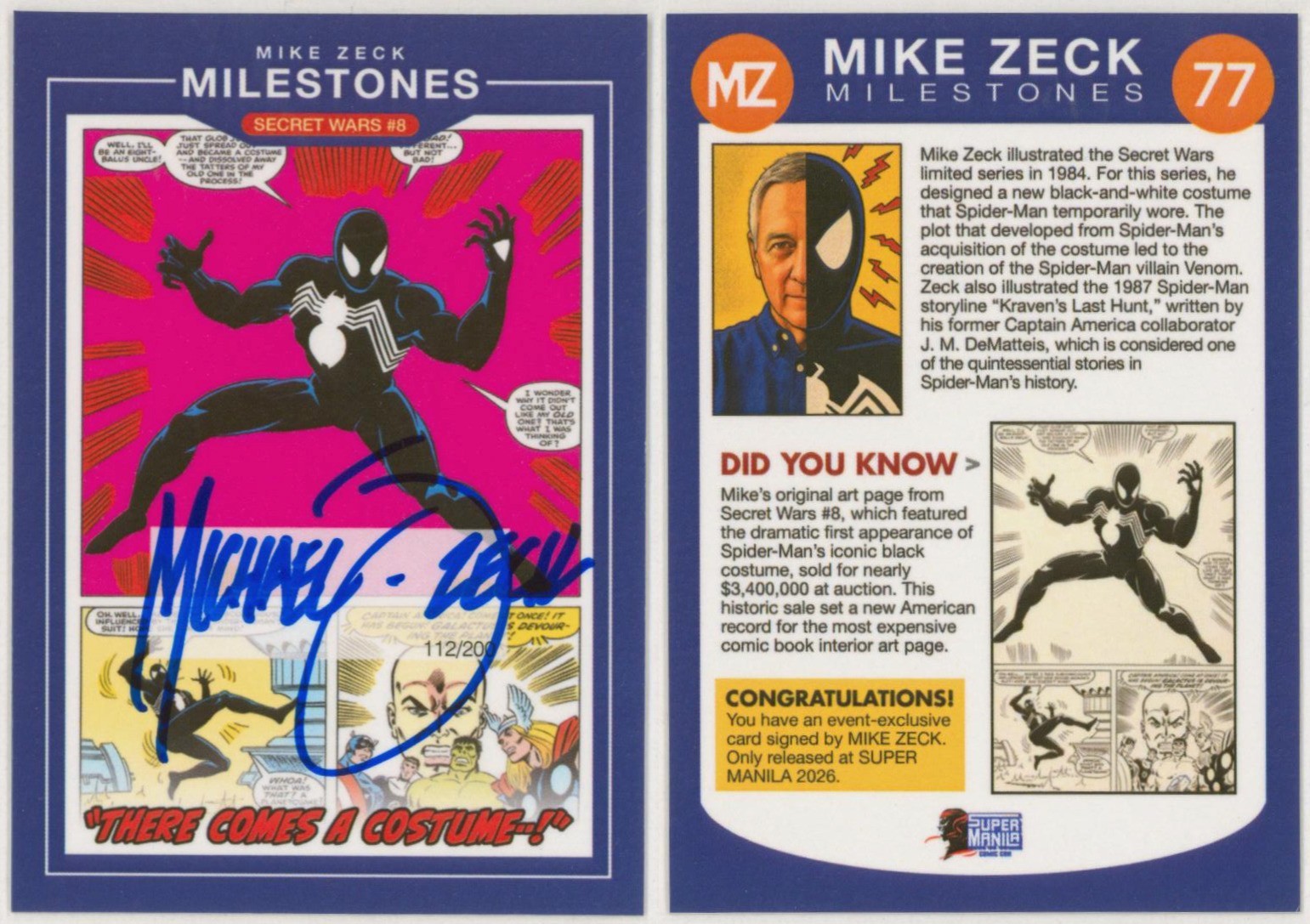 Mike Zeck SIGNED Milestones Card 2026 Super Manila Exc ~ Secret Wars #8 Art Mike Zeck SIGNED Milestones Card 2026 Super Manila Exc ~ Secret Wars #8 Art