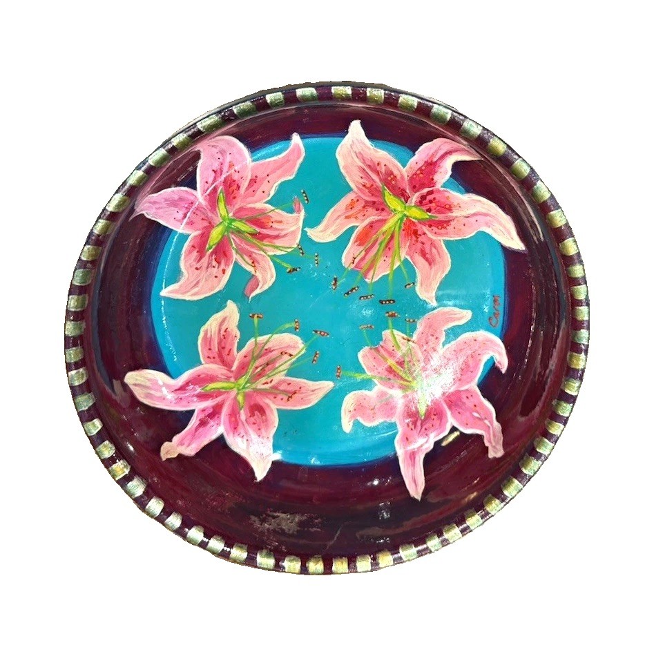 Vintage Mexican Folk Art Hand-Painted Pottery Bowl Pink Lilies Floral Signed Vintage Mexican Folk Art Hand-Painted Pottery Bowl Pink Lilies Floral Signed