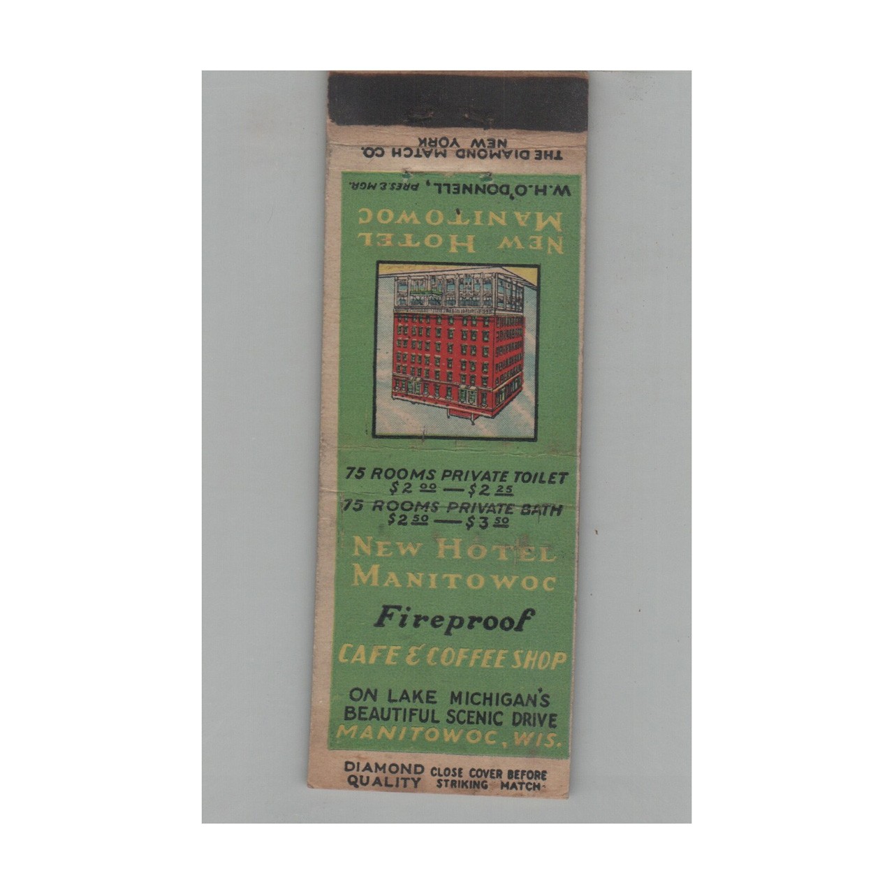 1920s-1930s Diamond Quality Matchbook Cover New Hotel Manitowoc - Manitowoc WI