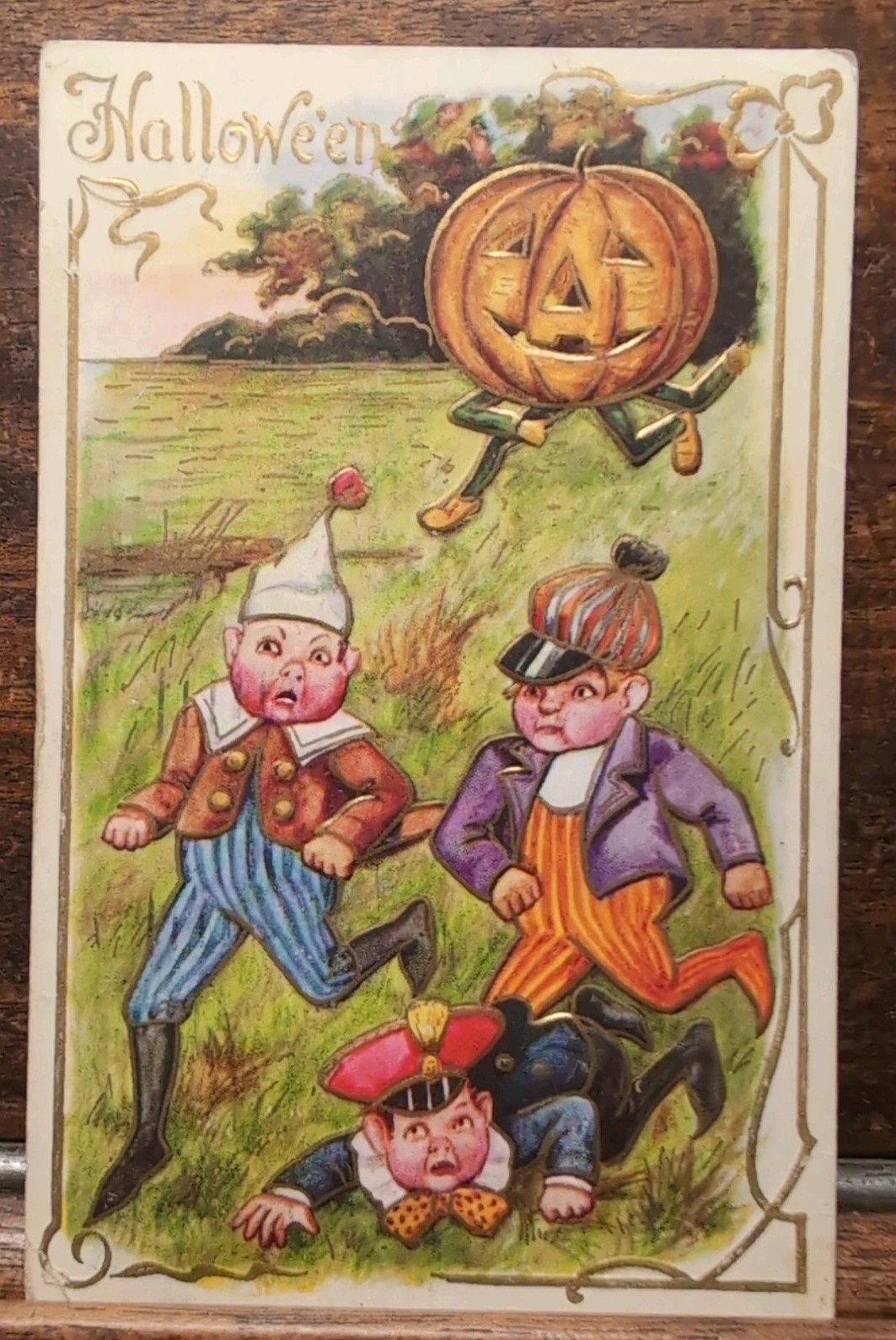 Antique 1909 Embossed Halloween Postcard Jack-O-Lantern Man Chasing Scared Boys Antique 1909 Embossed Halloween Postcard Jack-O-Lantern Man Chasing Scared Boys