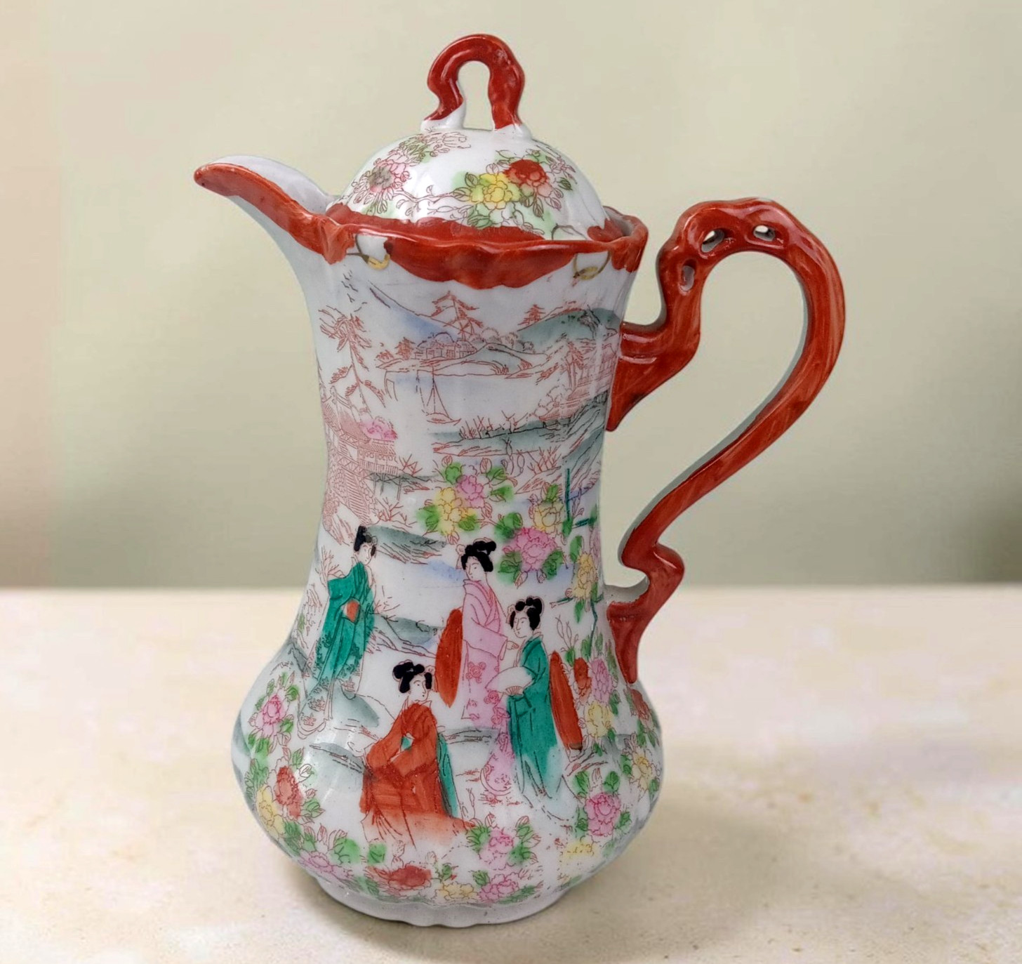 Vintage Japanese Kutani Porcelain Geisha Girl Chocolate Pot 9.5" Red Trim Vintage Japanese Kutani Porcelain Geisha Girl Chocolate Pot 9.5" Red Trim