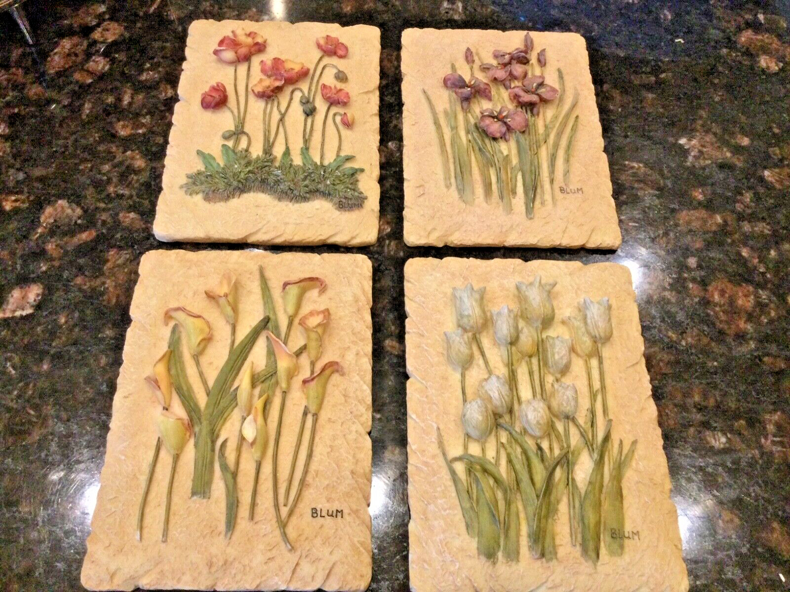 Cheri Bloom Set of 4 Hanging Wall Tiles - 4 Types of Floral 6 1/2"x4 1/2"
