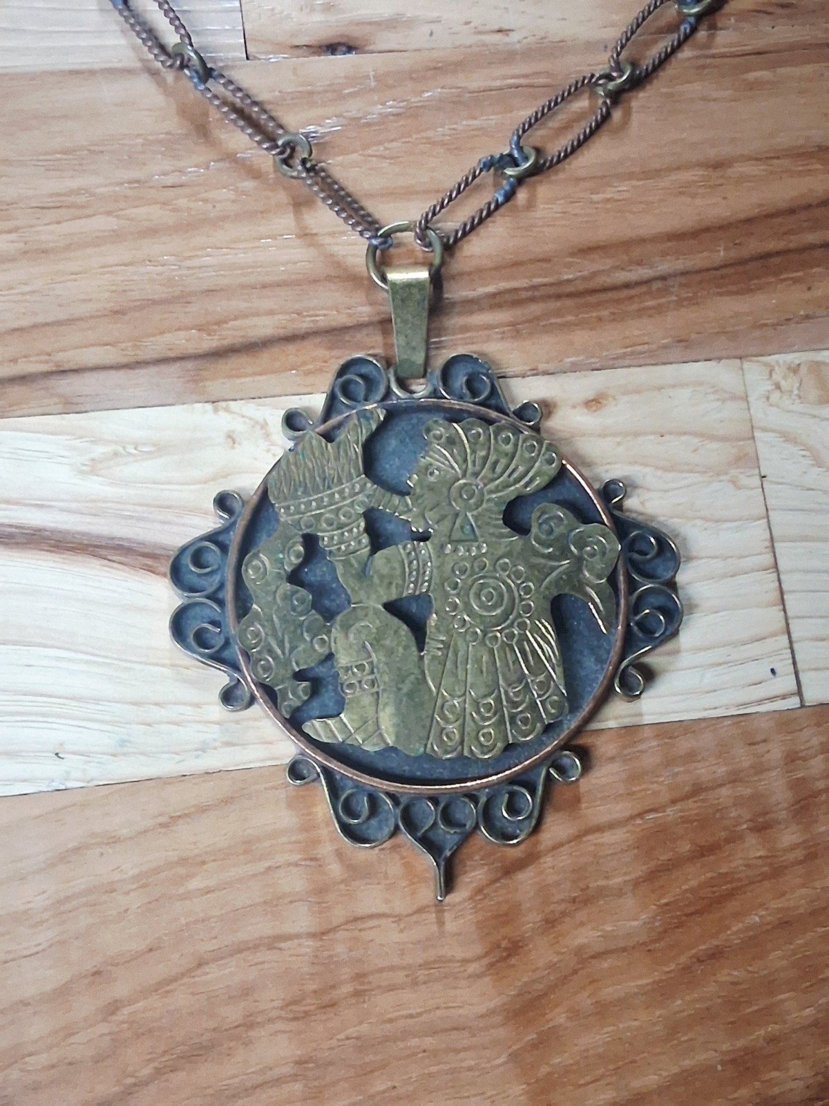 Vintage Mexican Aztec Mayan Copper And Brass Warrior Necklace Vintage Mexican Aztec Mayan Copper And Brass Warrior Necklace