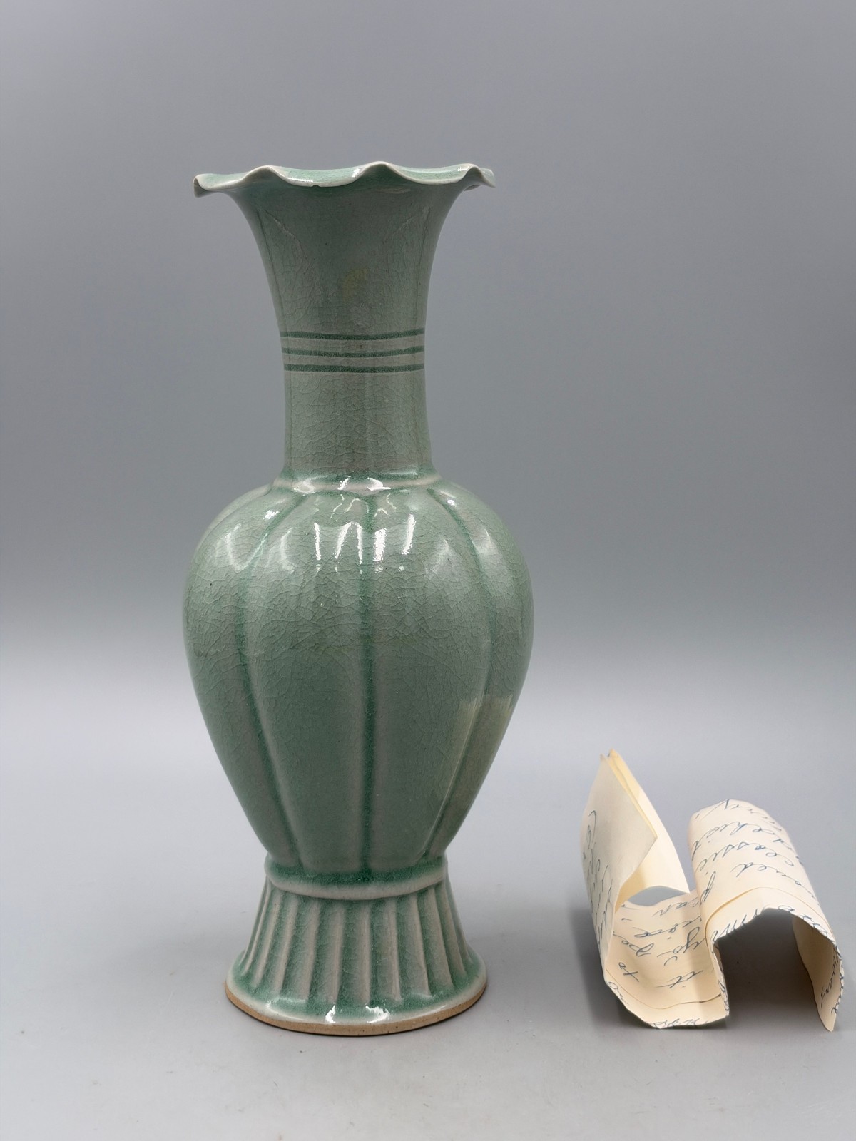 Vintage Mid‑20th Century Korean Celadon Lobed Vase, Goryeo Revival, 8.5'' Vintage Mid‑20th Century Korean Celadon Lobed Vase, Goryeo Revival, 8.5''