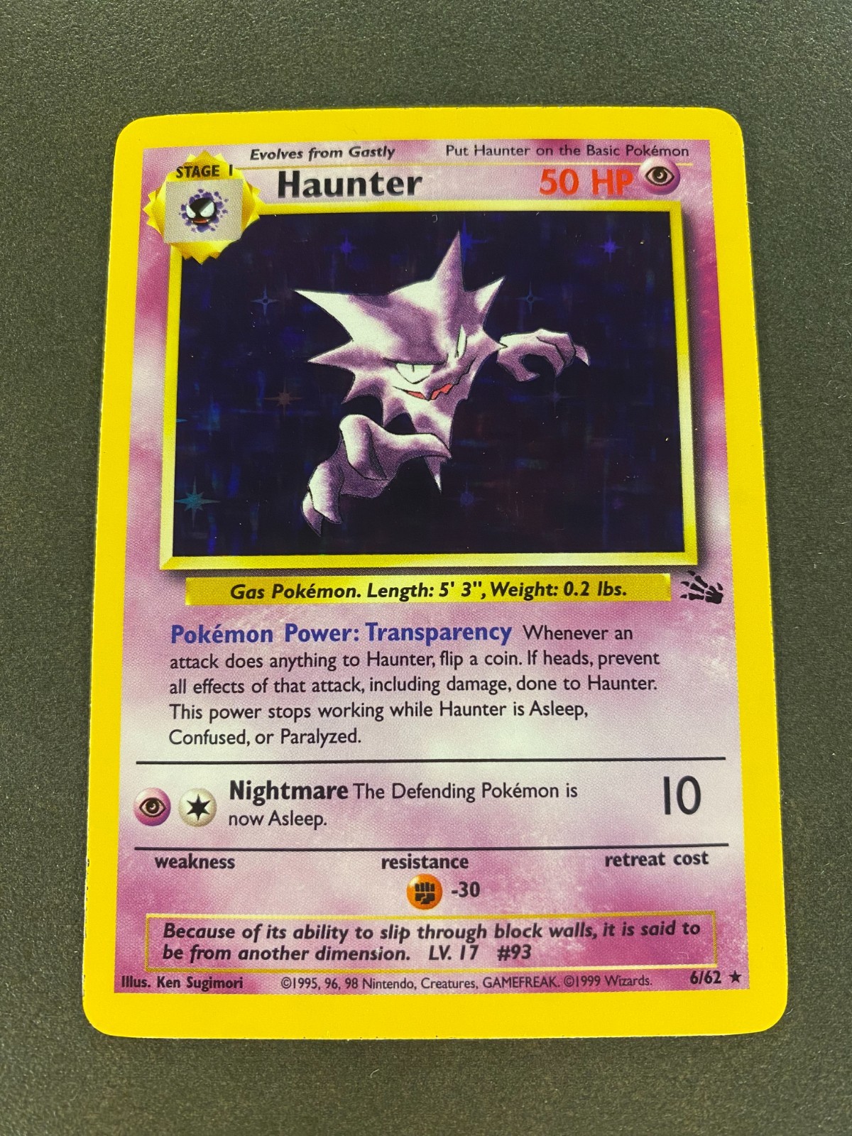 Haunter 6/62 - Fossil Set - Holo Rare - Vintage 1999 Pokemon Card - Near Mint Haunter 6/62 - Fossil Set - Holo Rare - Vintage 1999 Pokemon Card - Near Mint
