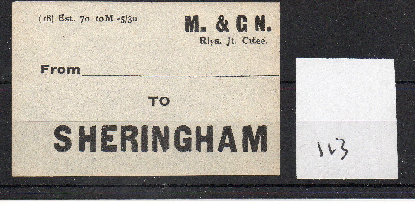 Midland & Gt. Northern Railway. Jt. M&GNR - Luggage Label (113) Sheringham 
