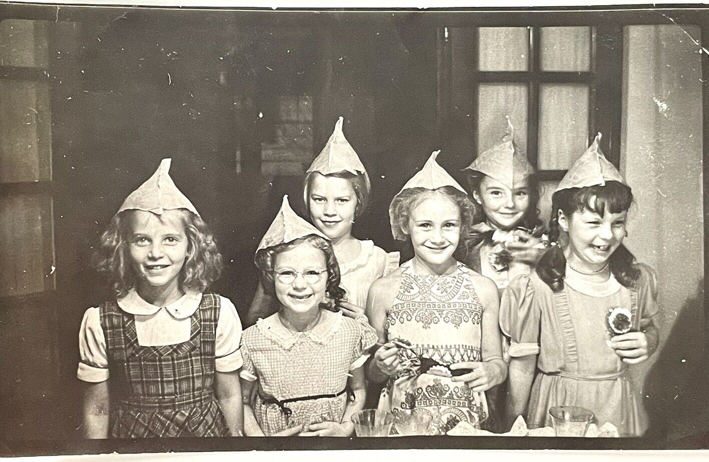 Vintage 1930s Children Girls Wearing Paper Birthday Hats Weird Snapshot Photo