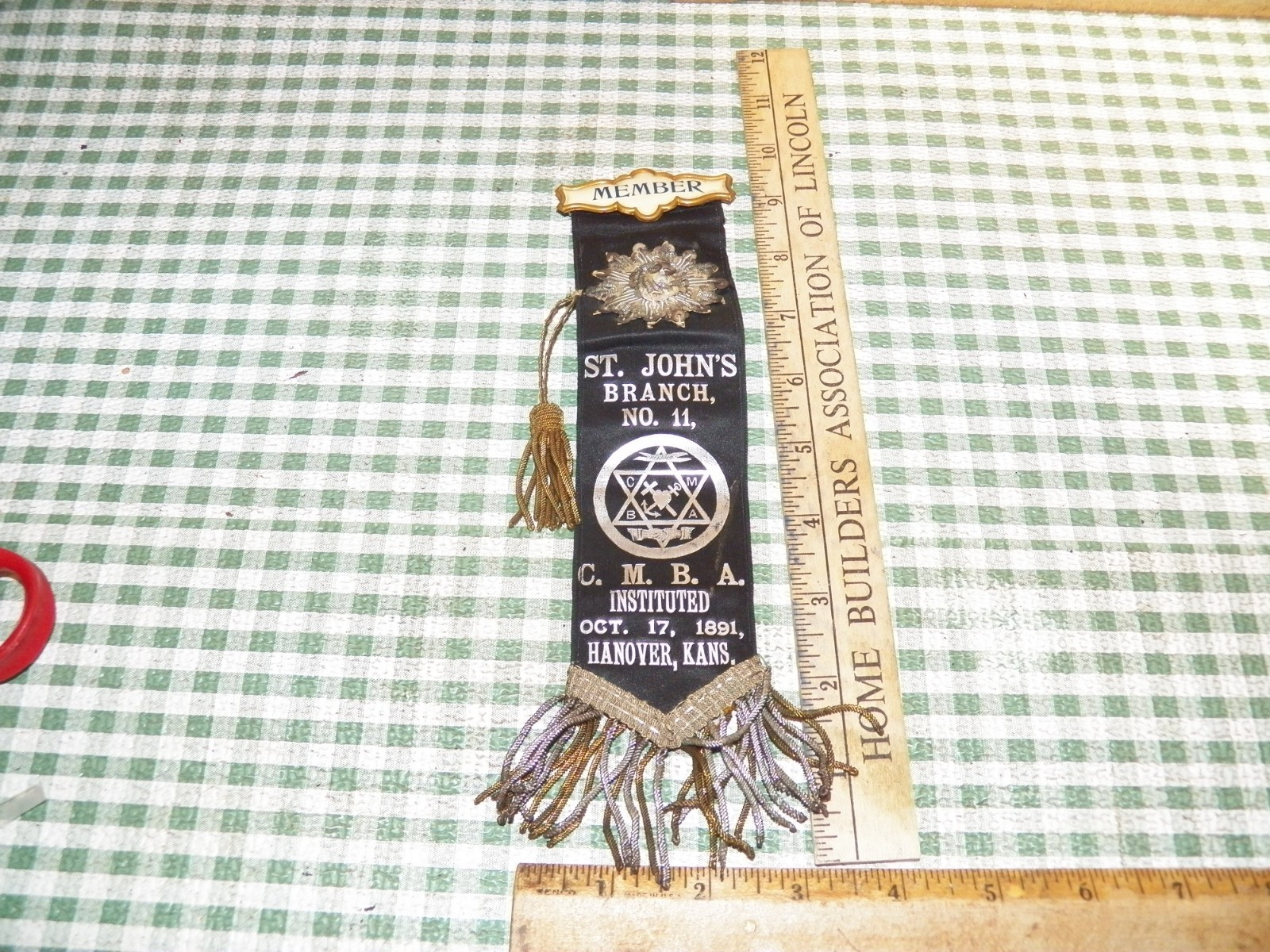 Vintage 1891 ST. JOHN'S HOLY NAME SOCIETY Member Badge Ribbon - Hanover, Kansas Vintage 1891 ST. JOHN'S HOLY NAME SOCIETY Member Badge Ribbon - Hanover, Kansas