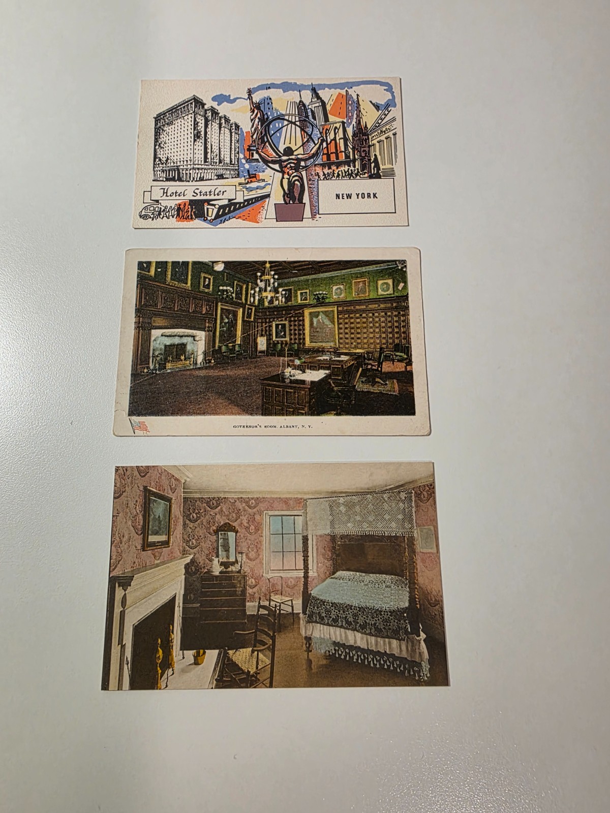 3 Unused New York Postcards - Hotel Statler/Govenor's Room/Lafayette Room