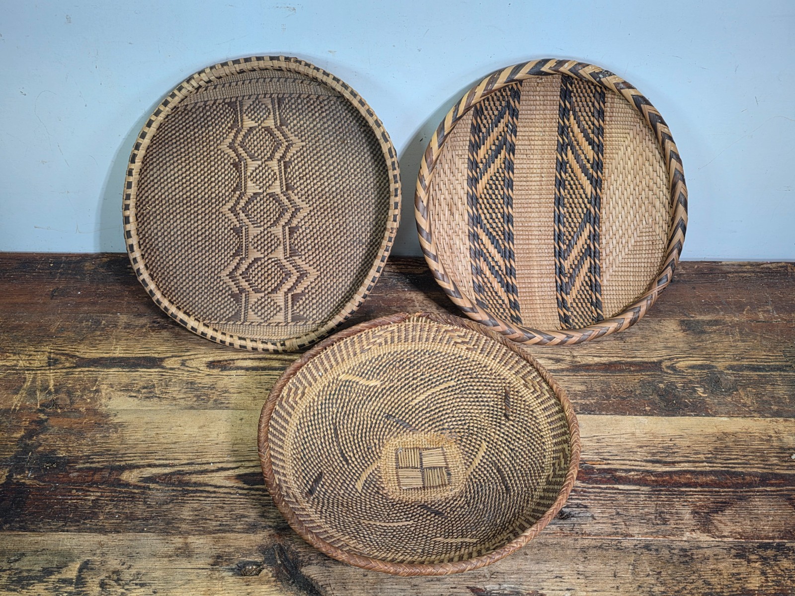 3pc Vintage Tonga Binga Basket Set African Wall Decor Boho Woven Winnowing Tray 3pc Vintage Tonga Binga Basket Set African Wall Decor Boho Woven Winnowing Tray