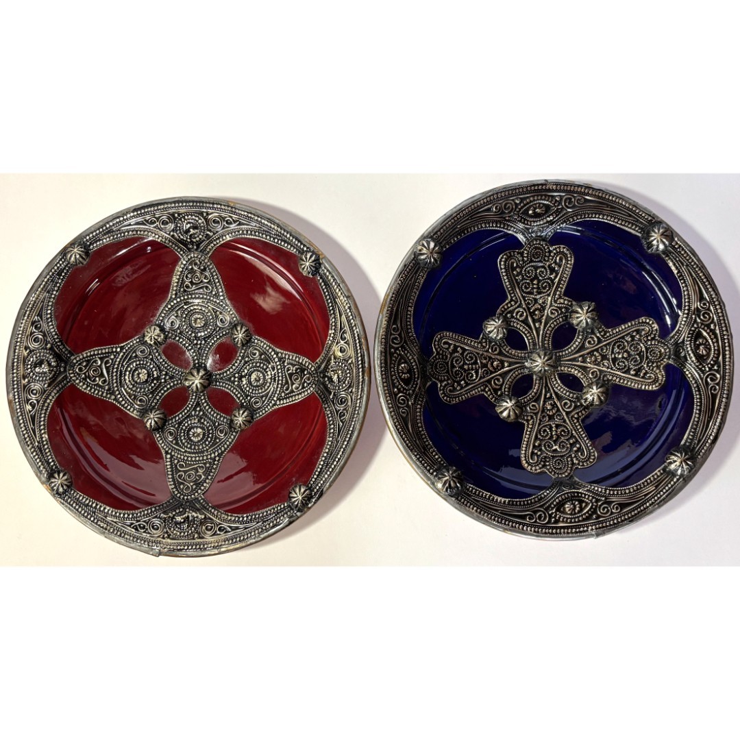 Vintage Moroccan Ceramic Bowl Set of 2 | Moorish Mosaic with Silver-Tone Inlays Vintage Moroccan Ceramic Bowl Set of 2 | Moorish Mosaic with Silver-Tone Inlays
