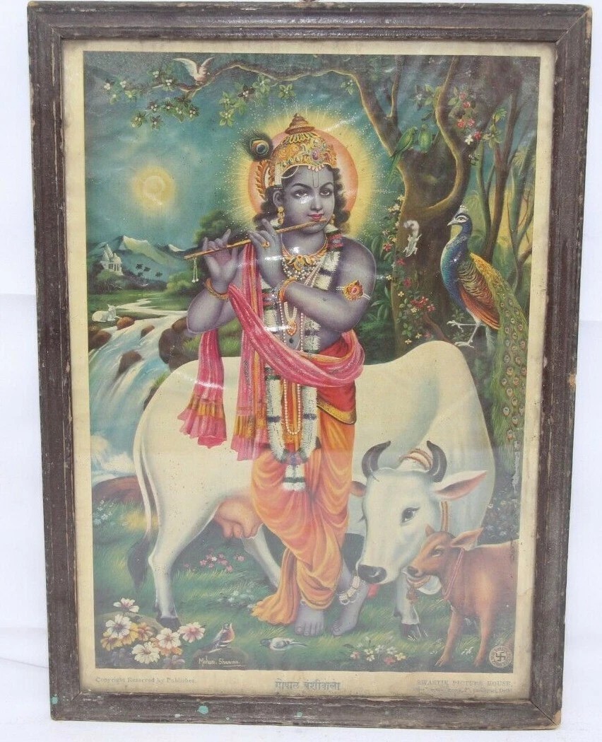 Vintage Old Hindu Lord Krishna /Gopal With Flute & Cow Beautiful Litho Print Vintage Old Hindu Lord Krishna /Gopal With Flute & Cow Beautiful Litho Print