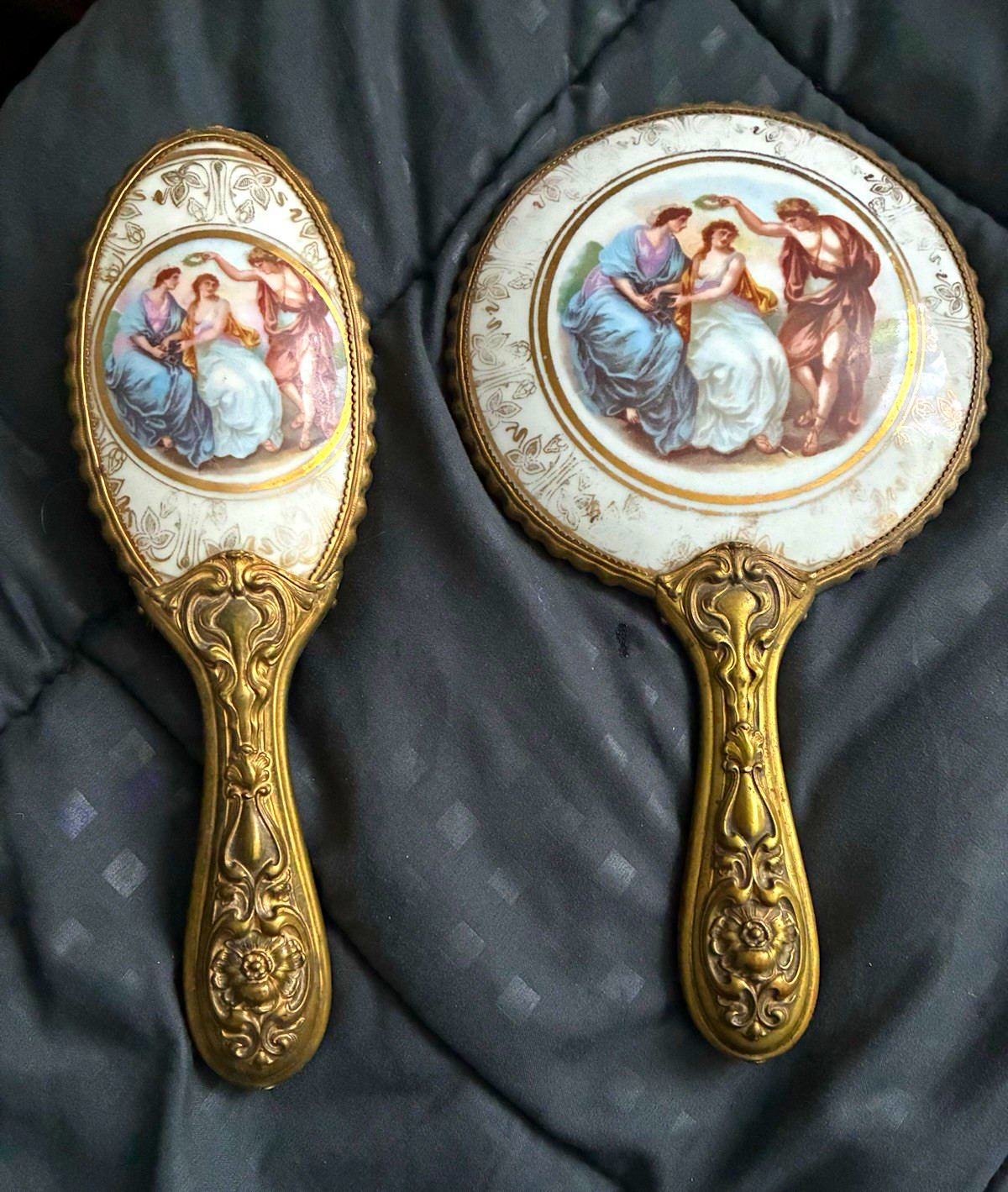 Vintage Ornate Hand Mirror & Hairbrush Set, Classical Scene Decorative Handles Vintage Ornate Hand Mirror & Hairbrush Set, Classical Scene Decorative Handles