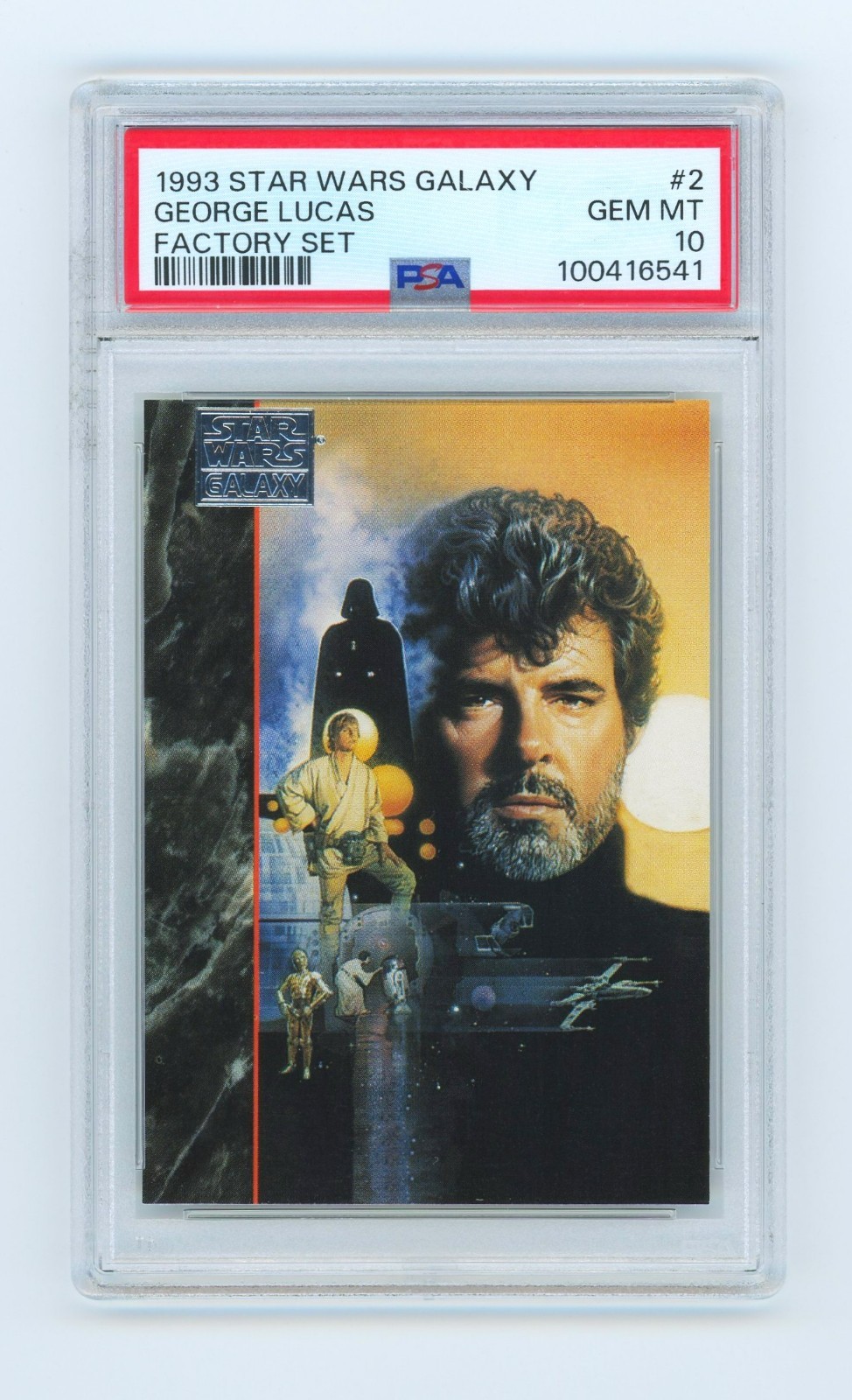 1993 Topps Star Wars Galaxy #2 George Lucas (Factory Set Foil) (PSA 10) (POP 1) 1993 Topps Star Wars Galaxy #2 George Lucas (Factory Set Foil) (PSA 10) (POP 1)