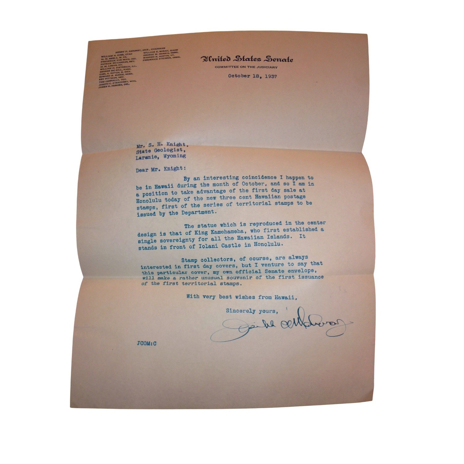 1937 US Senate Letter Signed Senator O'Mahoney + 1940 WY Statehood FDC Cover