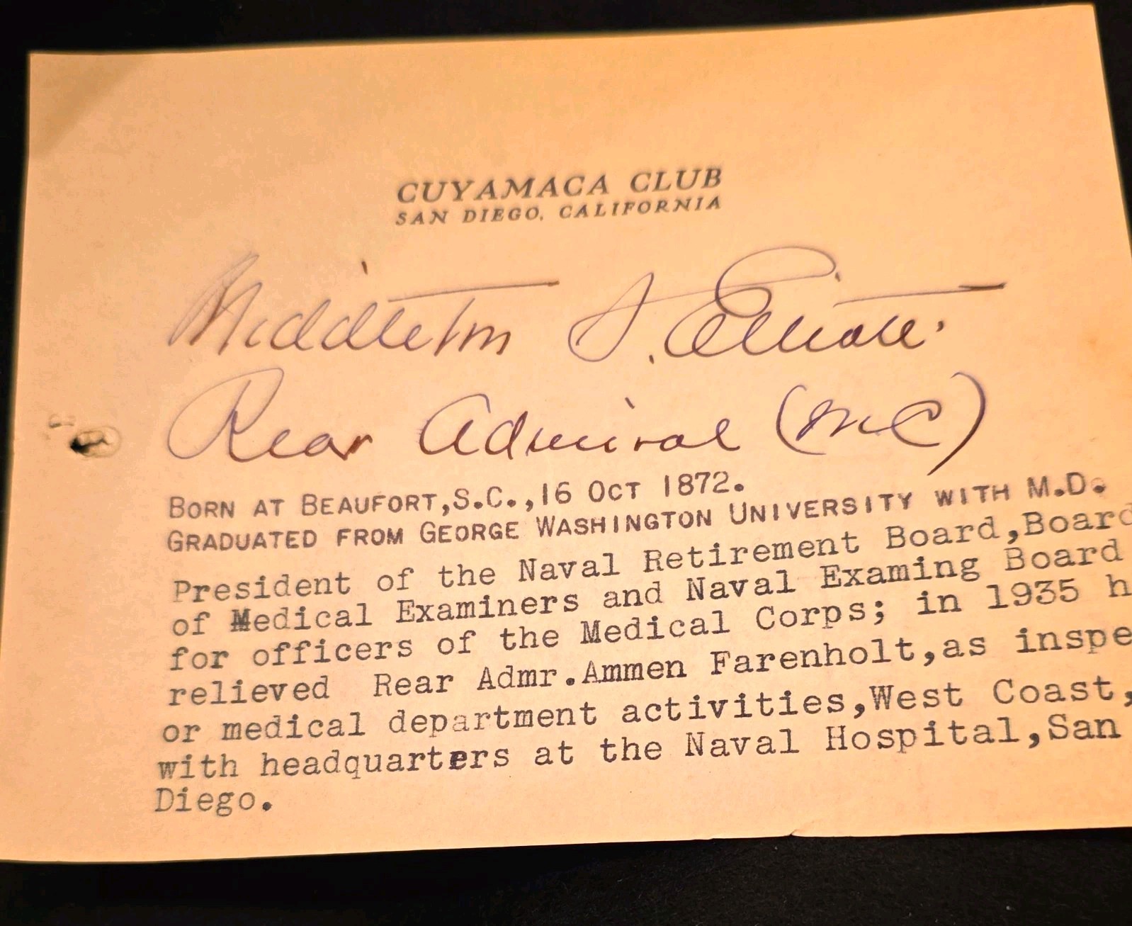 AUTOGRAPH -- Vice Admiral Middleton J. Elliott - Medal of Honor AUTOGRAPH -- Vice Admiral Middleton J. Elliott - Medal of Honor