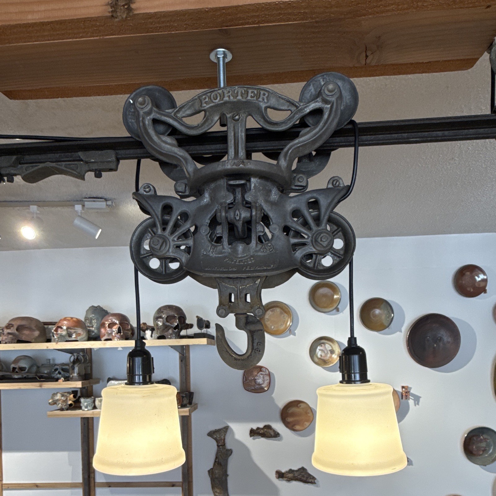 Vintage Cast Iron Hay Trolley Farmhouse Chandelier Track Drop Pulley & Lights Vintage Cast Iron Hay Trolley Farmhouse Chandelier Track Drop Pulley & Lights