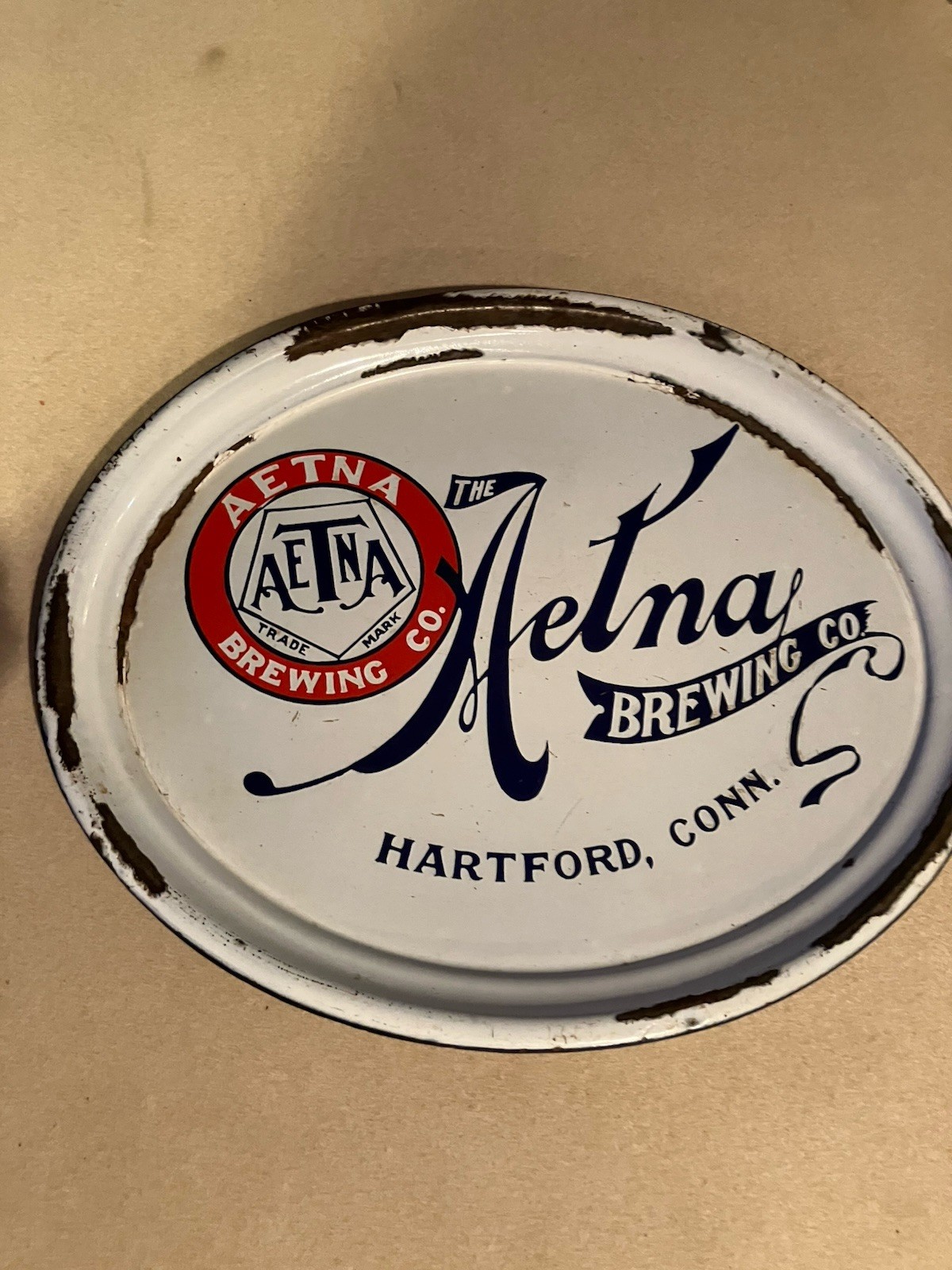 antique pre prohibition beer Tray Porcelain  The Aetna Brewing Company Hartford