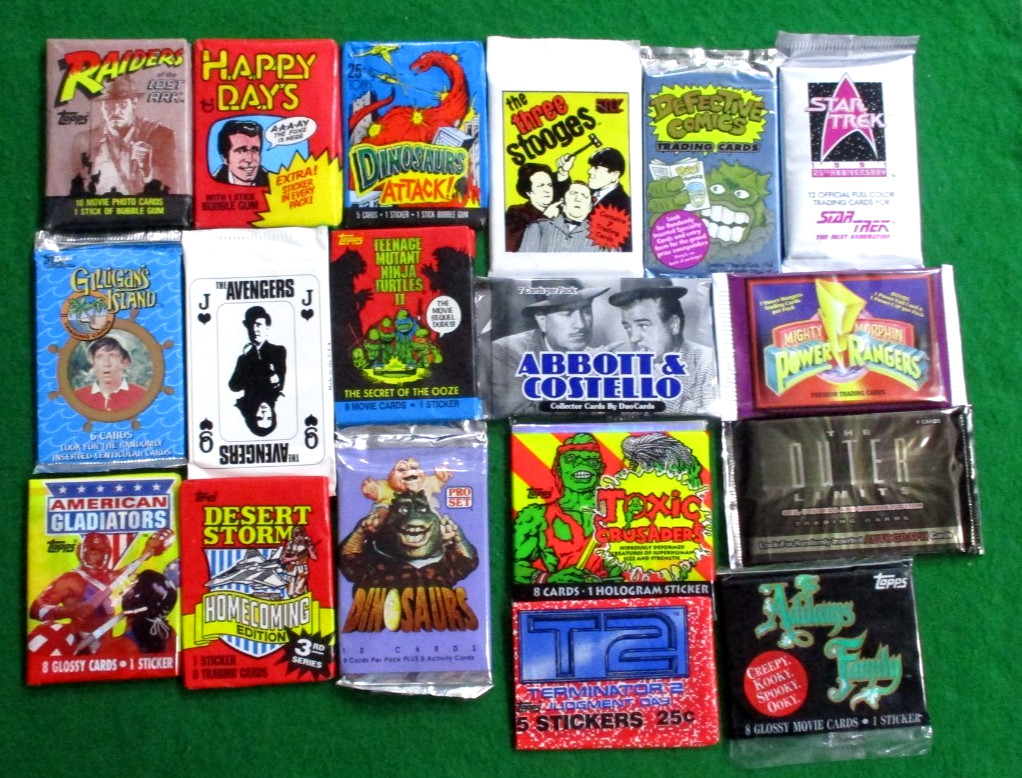 VINTAGE WAX /FOIL PACK LOT 18 DIFF. SEALED CARD PACKS-RAIDERS LOST ARK-STOOGES++