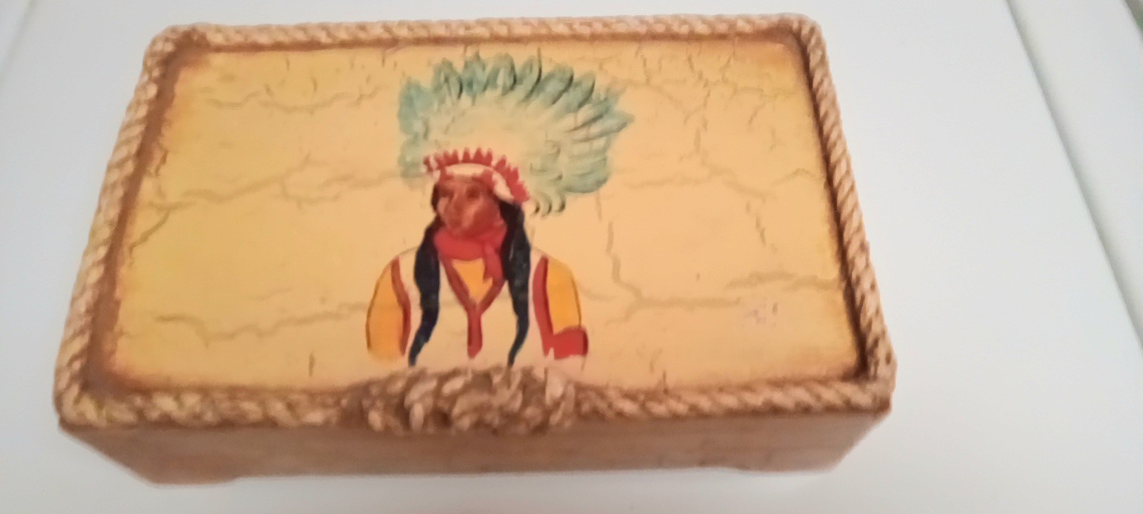 Vintage Early Calif Painted Chief Crackle Wood Rope Accents Trinket Box Monterey Vintage Early Calif Painted Chief Crackle Wood Rope Accents Trinket Box Monterey