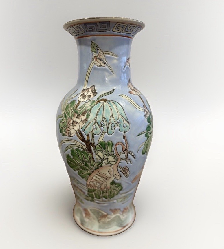 Vintage Chinese Famille Rose Porcelain Vase Crane Lotus Relief Qianlong Mark
