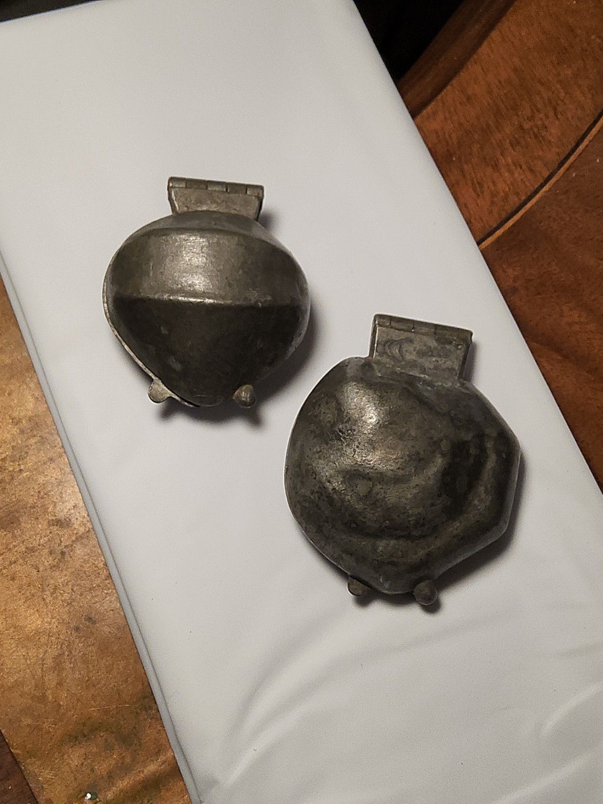 Pair Antique French Pewter Ice Cream Molds Oyster Shell 1739 & Walnut Letang LG Pair Antique French Pewter Ice Cream Molds Oyster Shell 1739 & Walnut Letang LG
