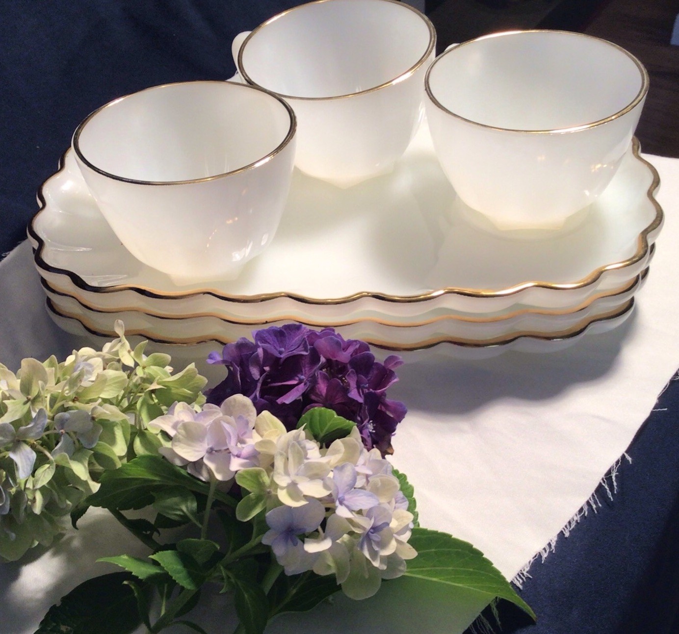 3 vintage Fireking milk glass sandwich trays and cups 22K Gold Trim. 3 vintage Fireking milk glass sandwich trays and cups 22K Gold Trim.