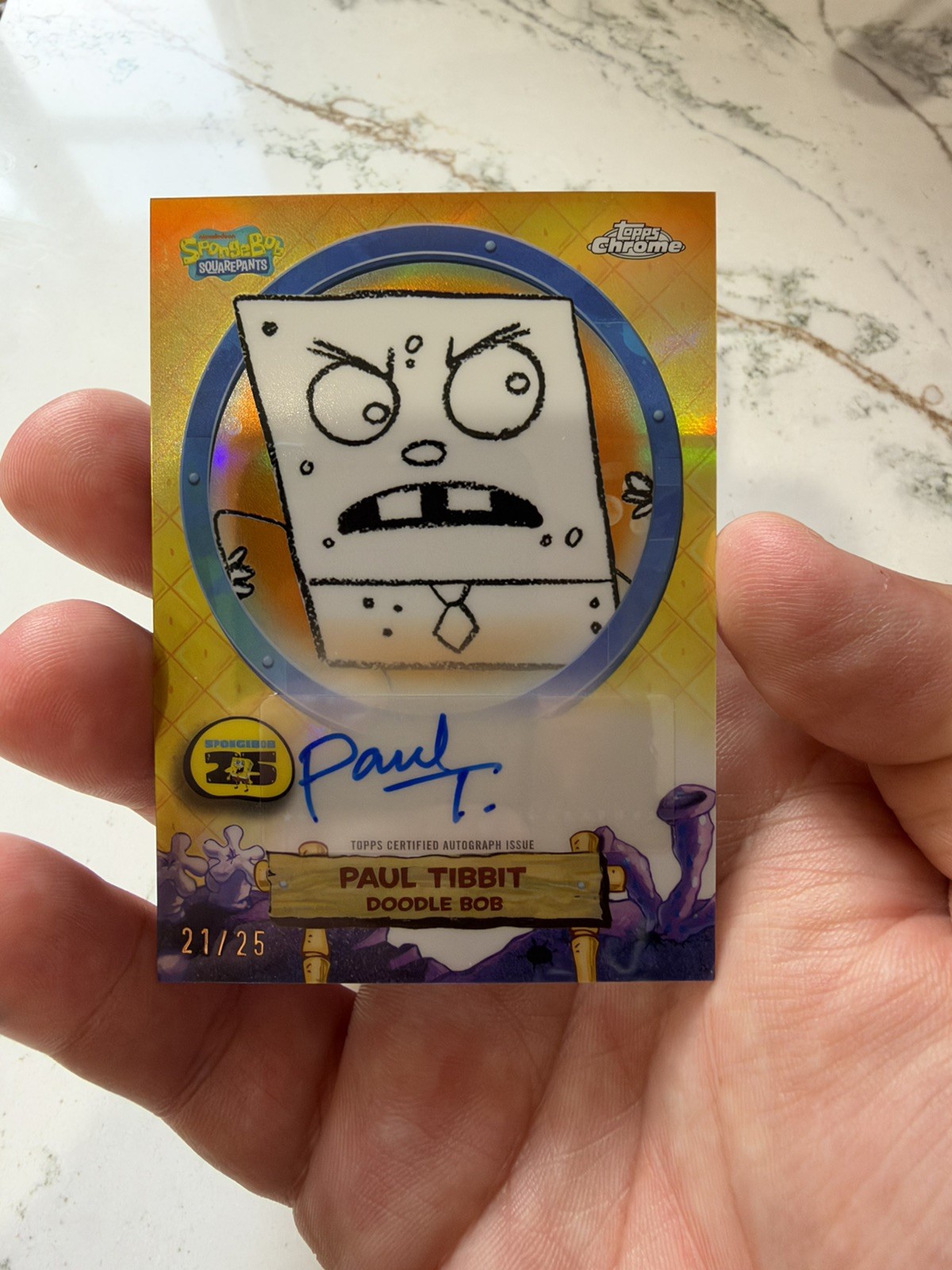2025 Topps Chrome SpongeBob Paul Tibbit Doodle Bob Orange Refractor Auto #/25