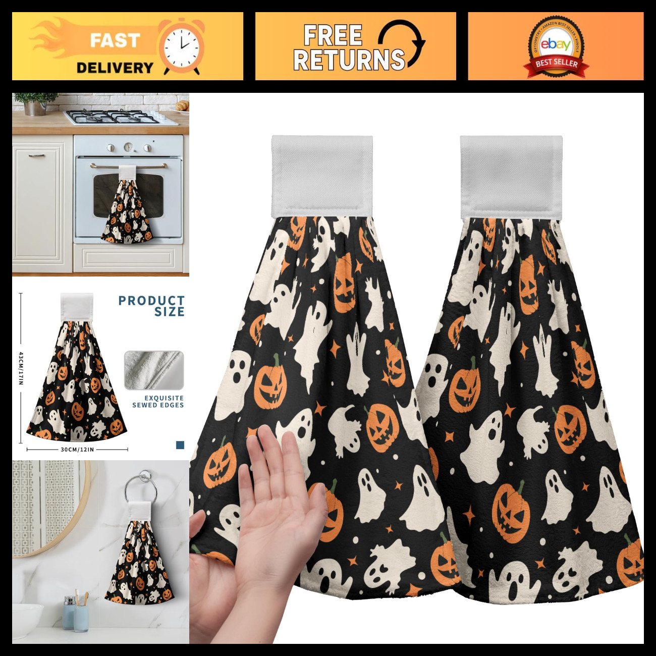 Halloween Ghost Pumpkin Hanging Kitchen Towels Set of 2 Spooky Scary Hand Towels Halloween Ghost Pumpkin Hanging Kitchen Towels Set of 2 Spooky Scary Hand Towels