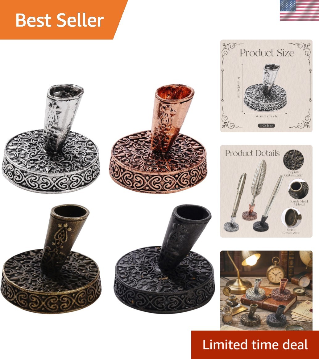 TXIN 4 Pieces Vintage round Metal Feather Pen Holder, Retro Feather Quill Dip