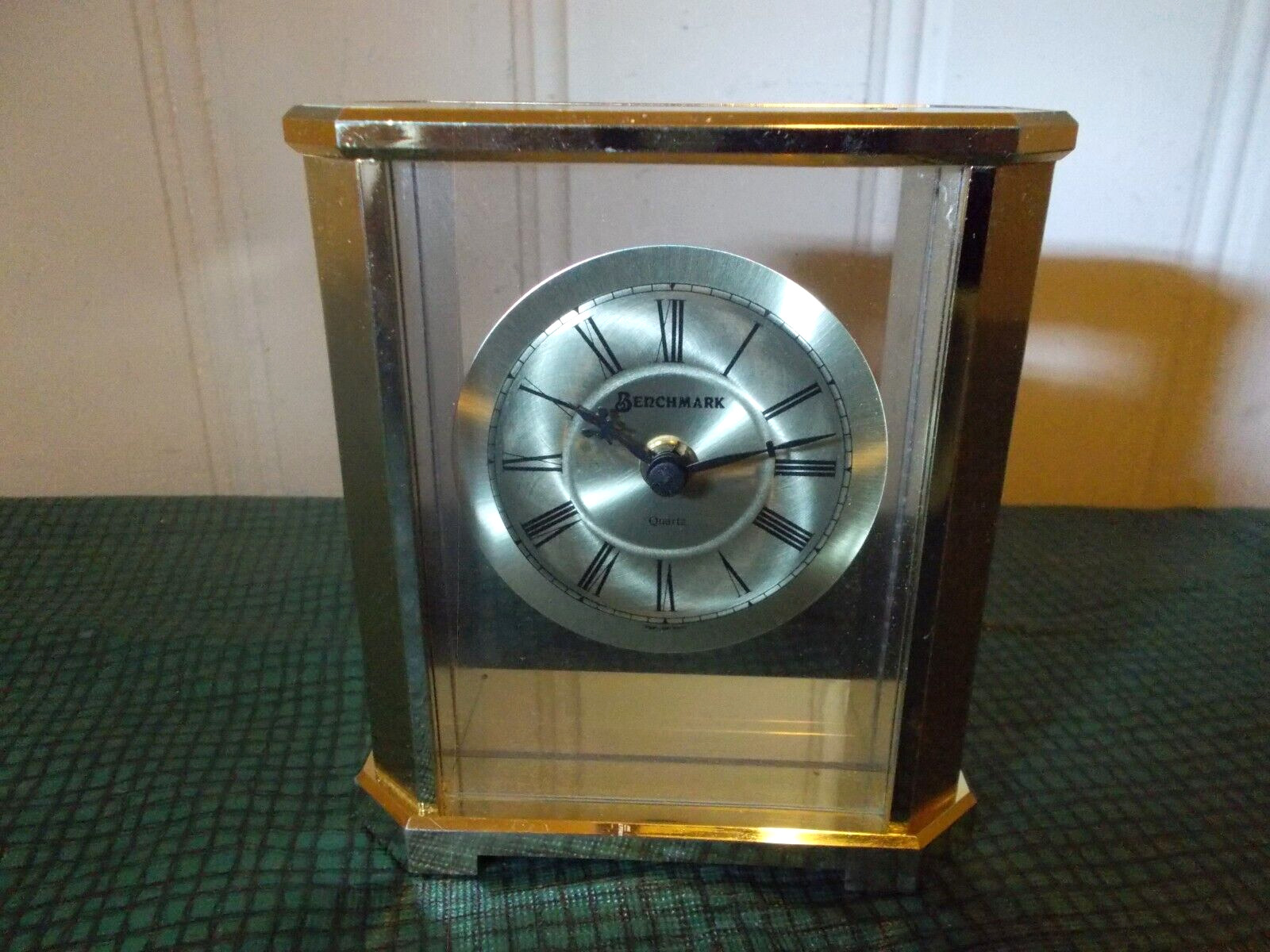 BENCHMARK SHELF CLOCK VINTAGE BRASS AND GLASS WEST GERMANY ACCURATE TIME