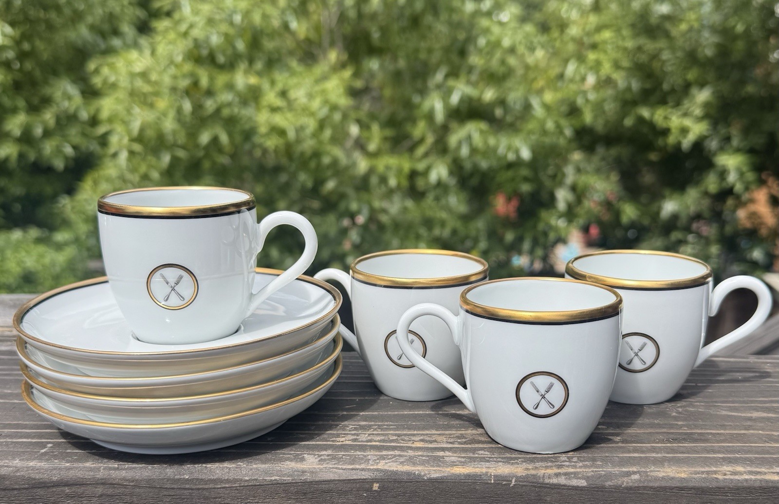 Set Of 4 Vintage Pillivuyt Espresso Cups & Saucers Fork & Knife Design W/ Box