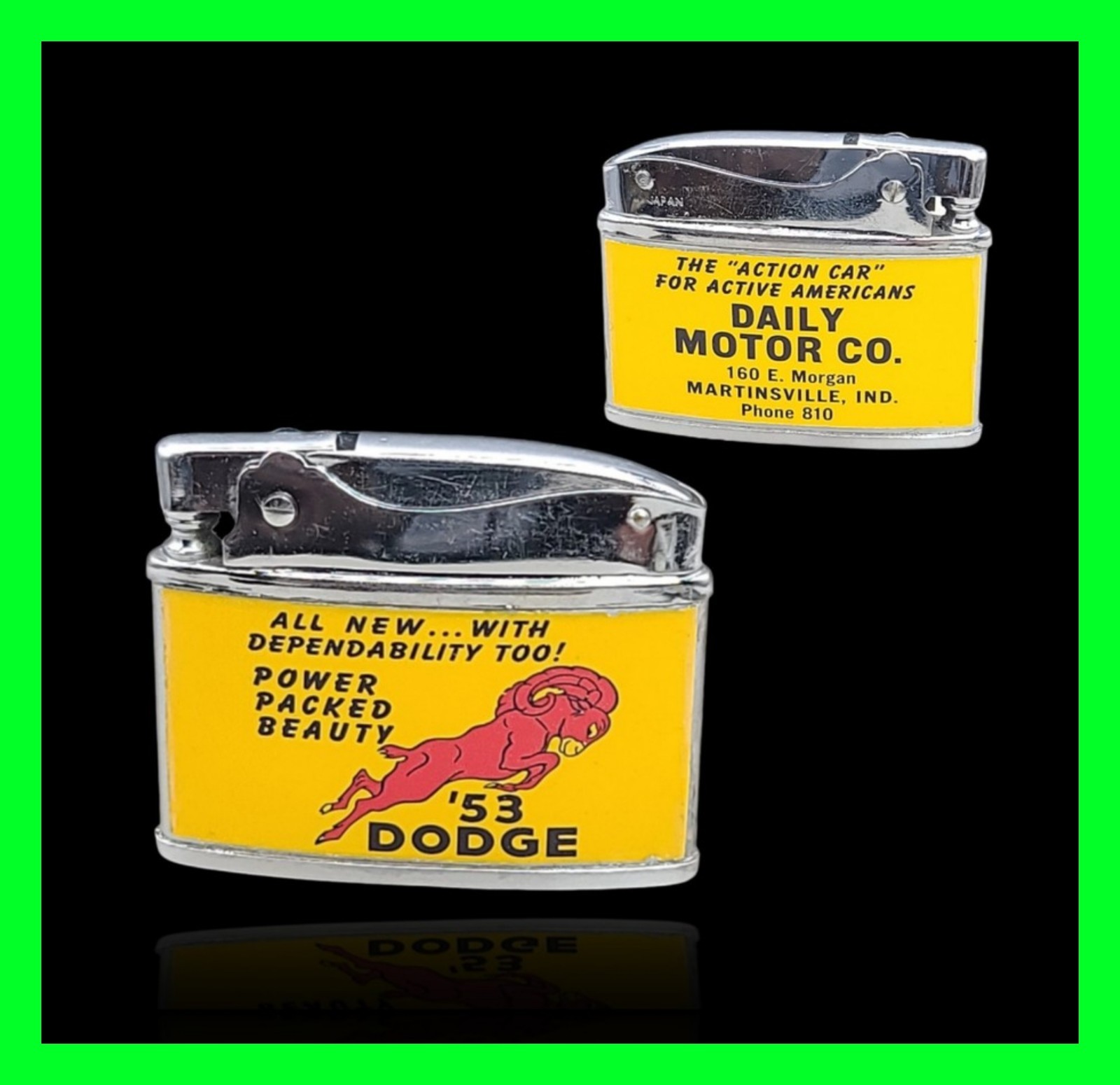 Vintage 1953 Dodge Daily Motor Co Martinsville Indiana Flat Ad Lighter - WORKING Vintage 1953 Dodge Daily Motor Co Martinsville Indiana Flat Ad Lighter - WORKING